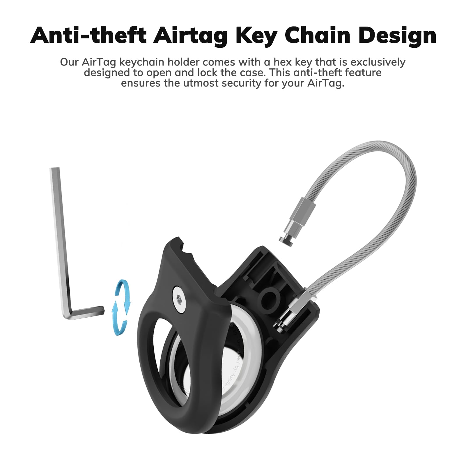 Fiuned AirTag Keychain Holder - Air tag Lock Case with Wire Cable Compatible with Apple AirTags, Ultra Durable Anti-Lost Protective Case with Keyring for Luggage, Key, Backpack, Pet, Black (4 Pack)