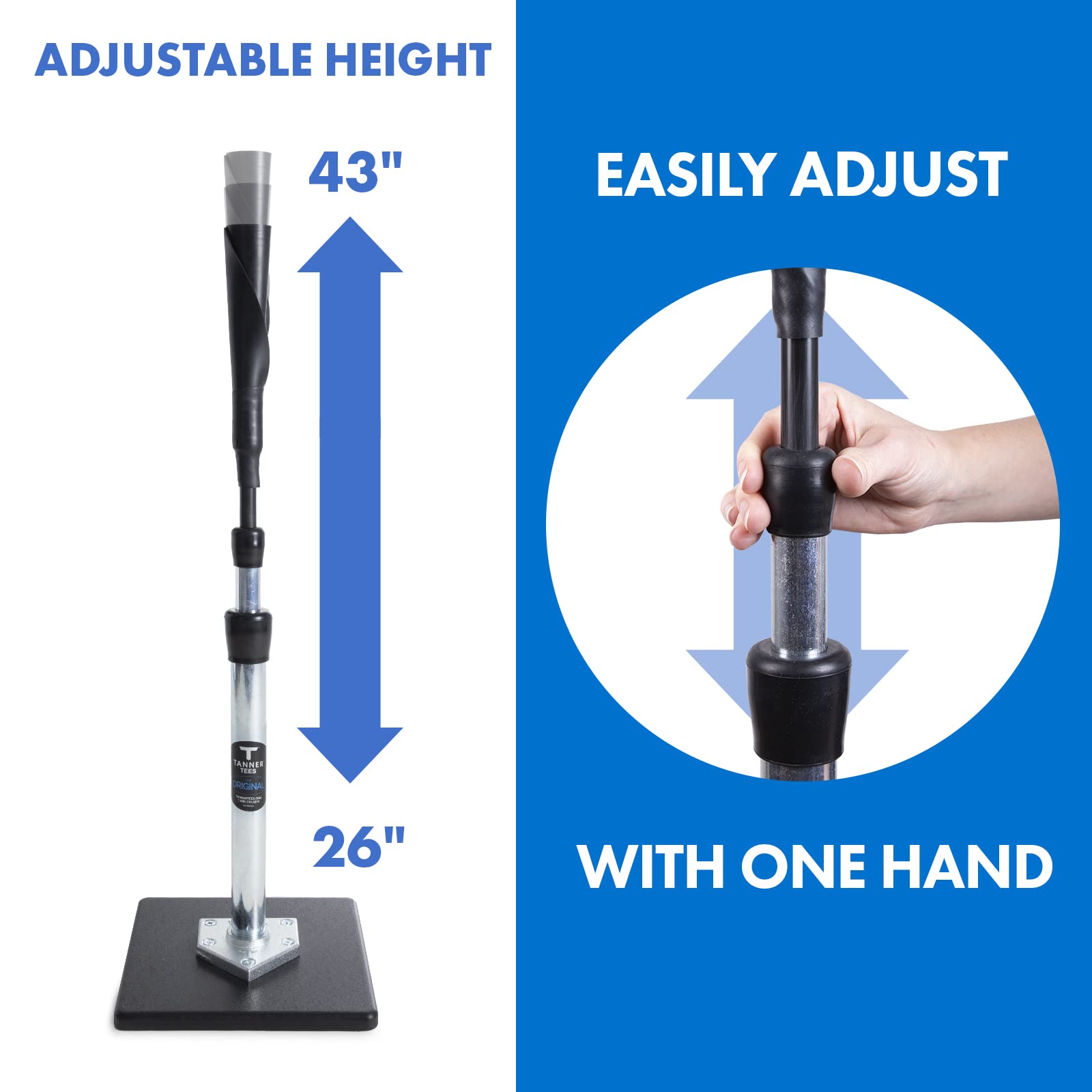 Tanner Tee The Original Batting Tee – Adjustable Pro Hitting Tee for Baseball & Softball, Steel Shaft, Composite Base, Hand-Rolled Rubber Top, 26"-43" Height