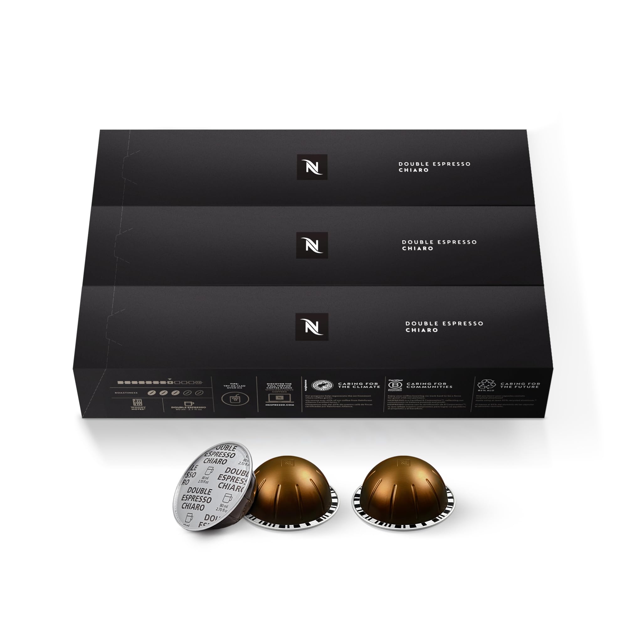 Nespresso Vertuo Kapseln, Double Espresso Chiaro, mittlere Röstung Espresso Kaffee, 30 Kaffeekapseln, brüht 80 ml.