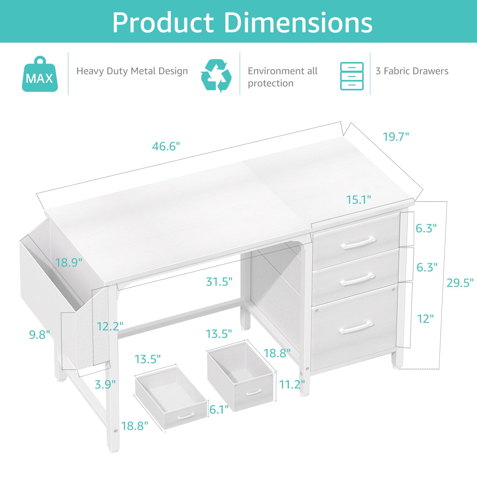 Lufeiya White Desk with Fabric File Drawers Cabinet, 47 Inch Reversible Computer Desk with Filing Cabinet for Bedroom Small Space Home Office, Modern Writing Table PC Desks, White
