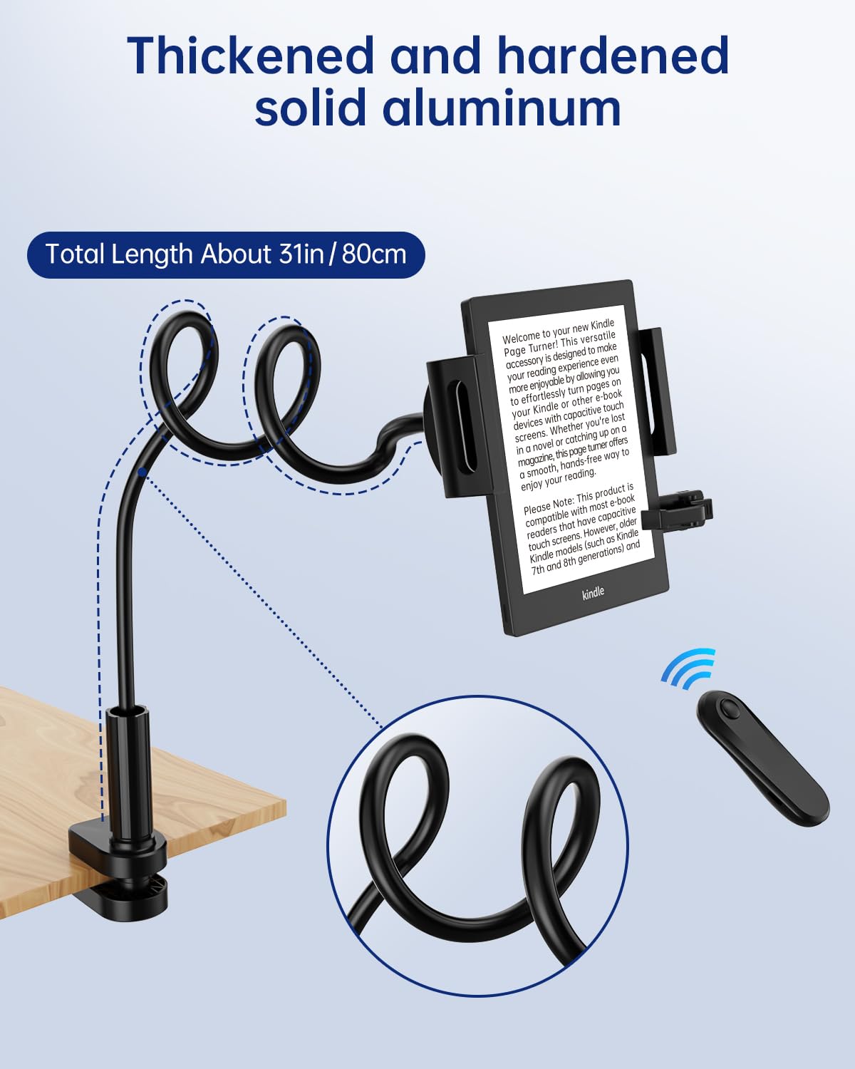 Kindle Holder with Remote Page Turner - Read in Bed Without Blocking Text or Adjusting Margins - Reduce Neck Strain - Quiet Page Turning for Kindle, iPad, iPhone