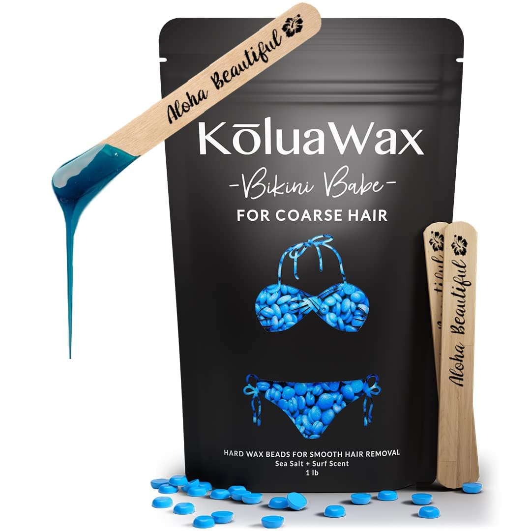 KoluaWax Hard Wax Beads for Hair Removal - Coarse Hair Formula - Face, Brazilian, Underarms, Back Chest, Bikini Waxing - Sea Salt & Surf, 1lb Refill for Wax Warmers & 10 Large Applicator Sticks