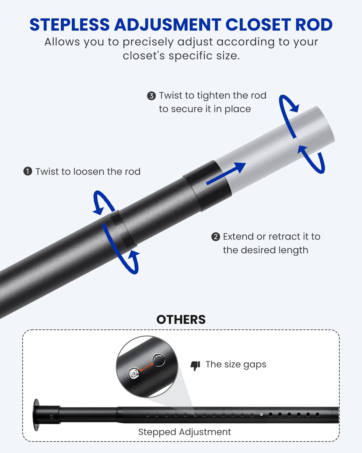 Supforce Closet Rods for Hanging Clothes, 17 to 84 Inches Stepless Adjustable Metal Closet Rod, 1.3 Inches Heavy Duty Clothes Hanging Rod for Closet Wardrobes Laundry RV