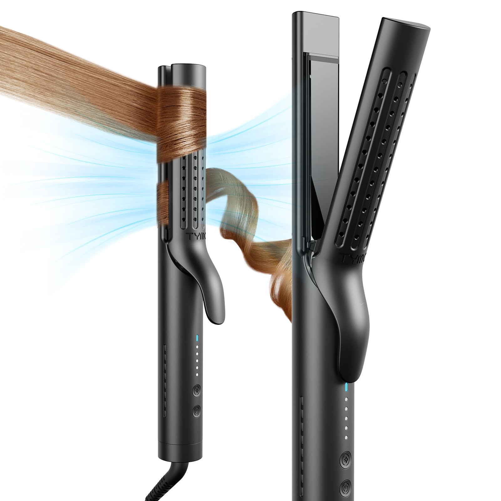 مكواة تمليس الشعر المجعد TYMO Airflow 2.0 - مملس ومجعد للشعر 2 في 1، مكواة تجعيد بحجم 1.25 بوصة للشعر الطويل والقصير، جهد كهربائي مزدوج للسفر، 54 مليون أيوني، مضاد للتشابك، 5 درجات حرارة، أسود