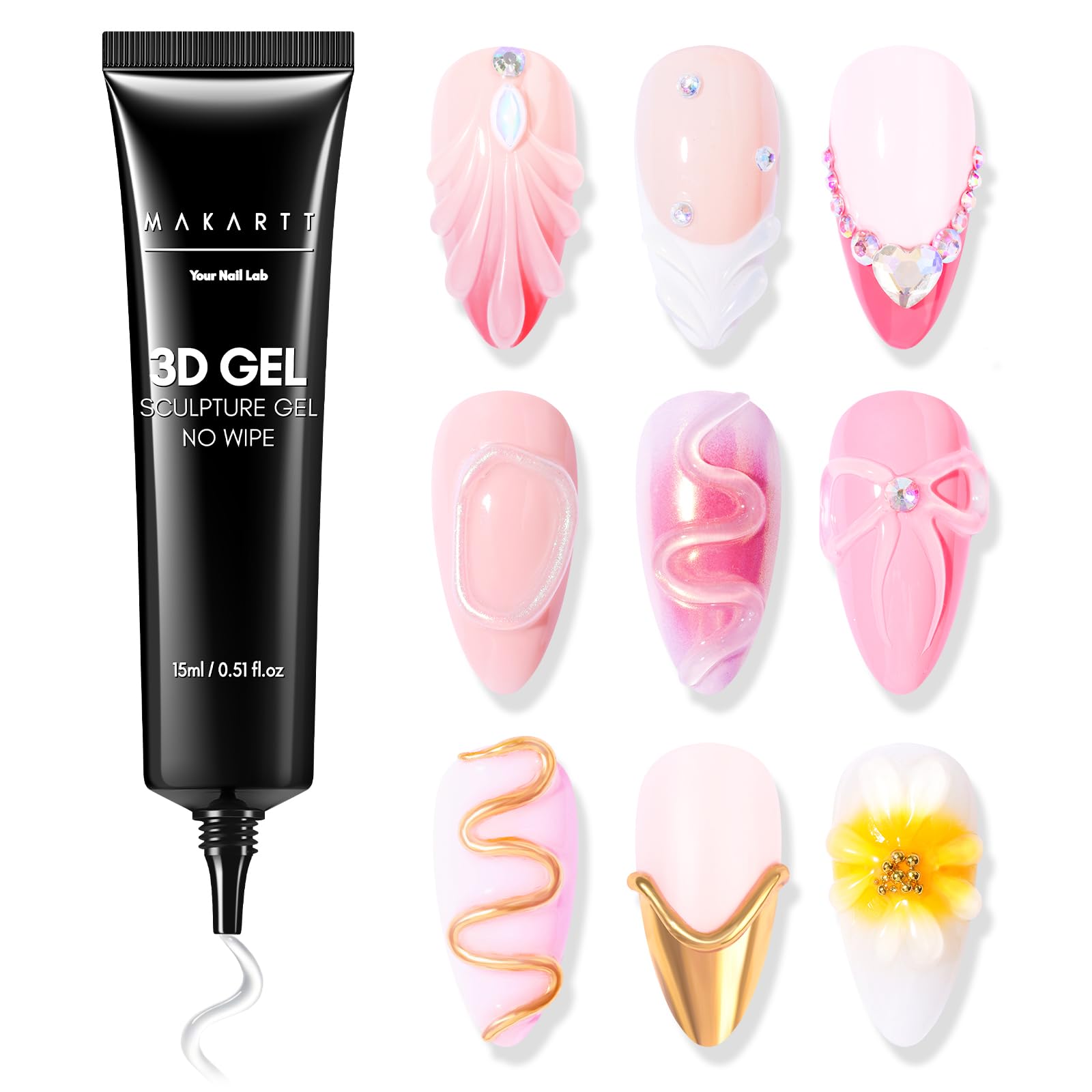 Makartt 3D Gel Nail Art - جل الأظافر النحتي 3D Nail Gel Glue 15g جل أظافر شفاف بدون مسح لتصاميم الأظافر، غراء أظافر للأعمال اليدوية للرسم والتشكيل والنحت والأحجار الكريمة والديكور.