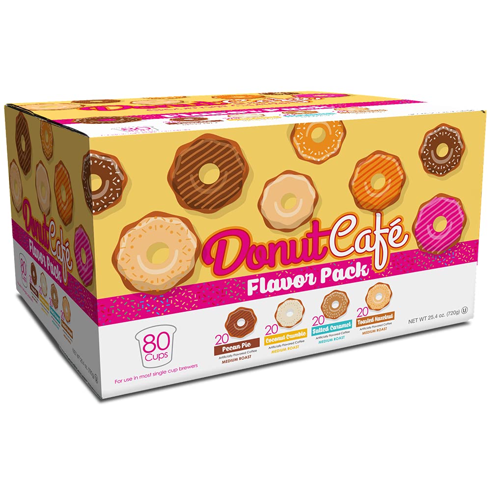 Donut Café - Gourmet Coffee Medium Roast Flavored Variety Pack – Pecan Pie, Coconut Crumble, Salted Caramel, Toasted Hazelnut – Single Serve Coffee Pods for Keurig K Cup Brewers – 80 Count