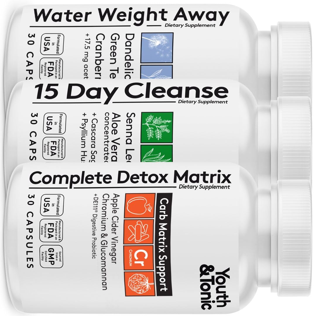 3pk Detox Cleanse Kick Off Weight Management | Colon Cleanser + Water Loss Pills w Dandelion + ACV Full Body Detox + Probiotics | for Flat Stomach, Waistline, Metabolism, Bloating – 90 Pills