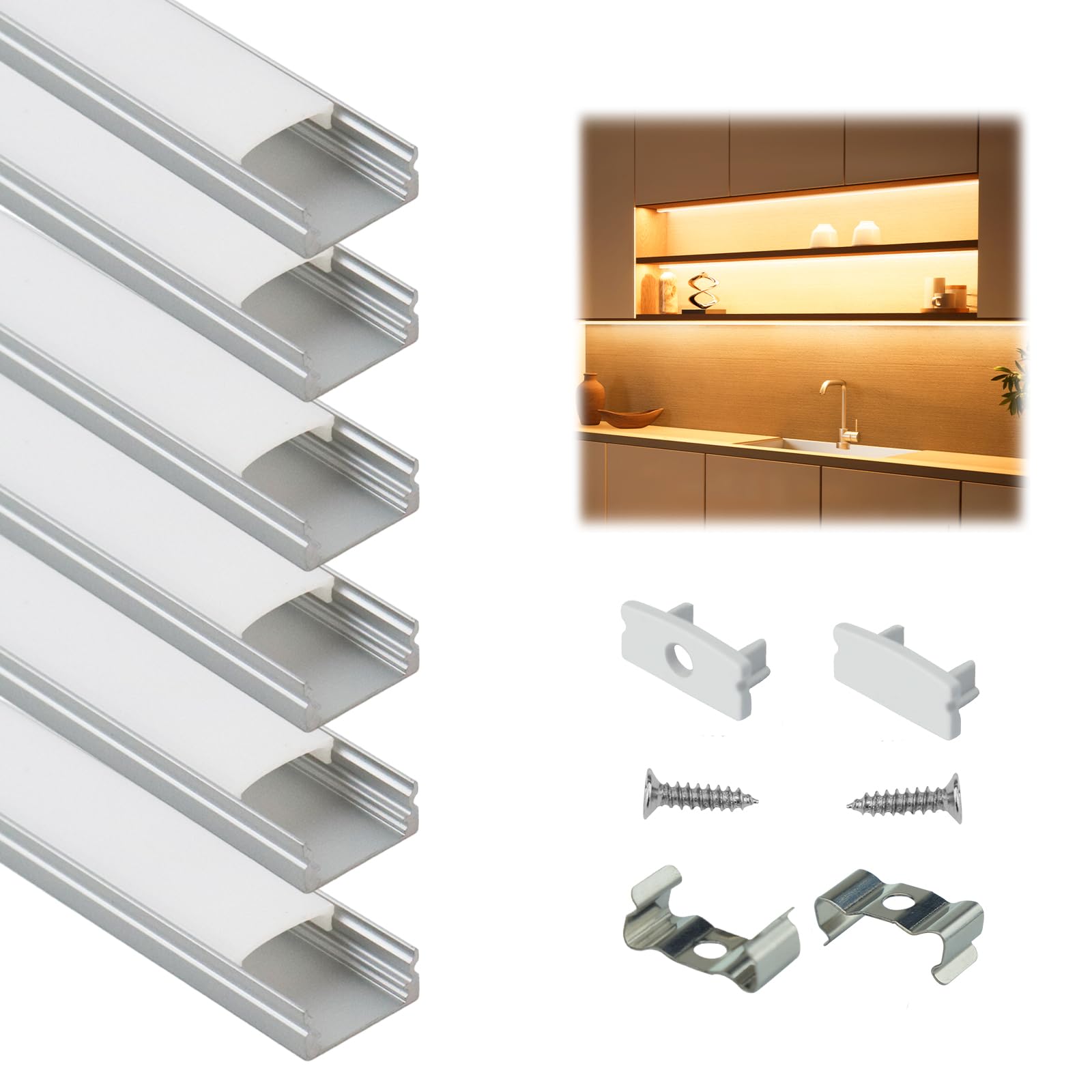 Muzata 6Pack 3.3FT/1M LED Channel Aluminum U Shape Silver LED Strip Diffuser Channel with Milky White Cover Easy Installation U1SW WW 1M
