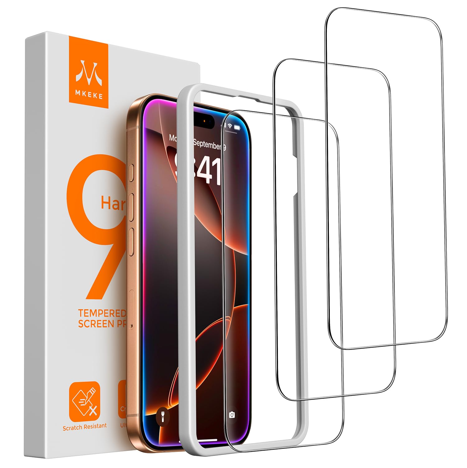 واقي شاشة Mkeke من 3 قطع لهاتف iPhone 16 Pro Max بحجم 6.9 بوصة، [زجاج مقوى 9H+] [حماية من السقوط بمعيار عسكري] [إطار سهل التركيب] فائق الوضوح، مضاد للخدش، خالٍ من الفقاعات