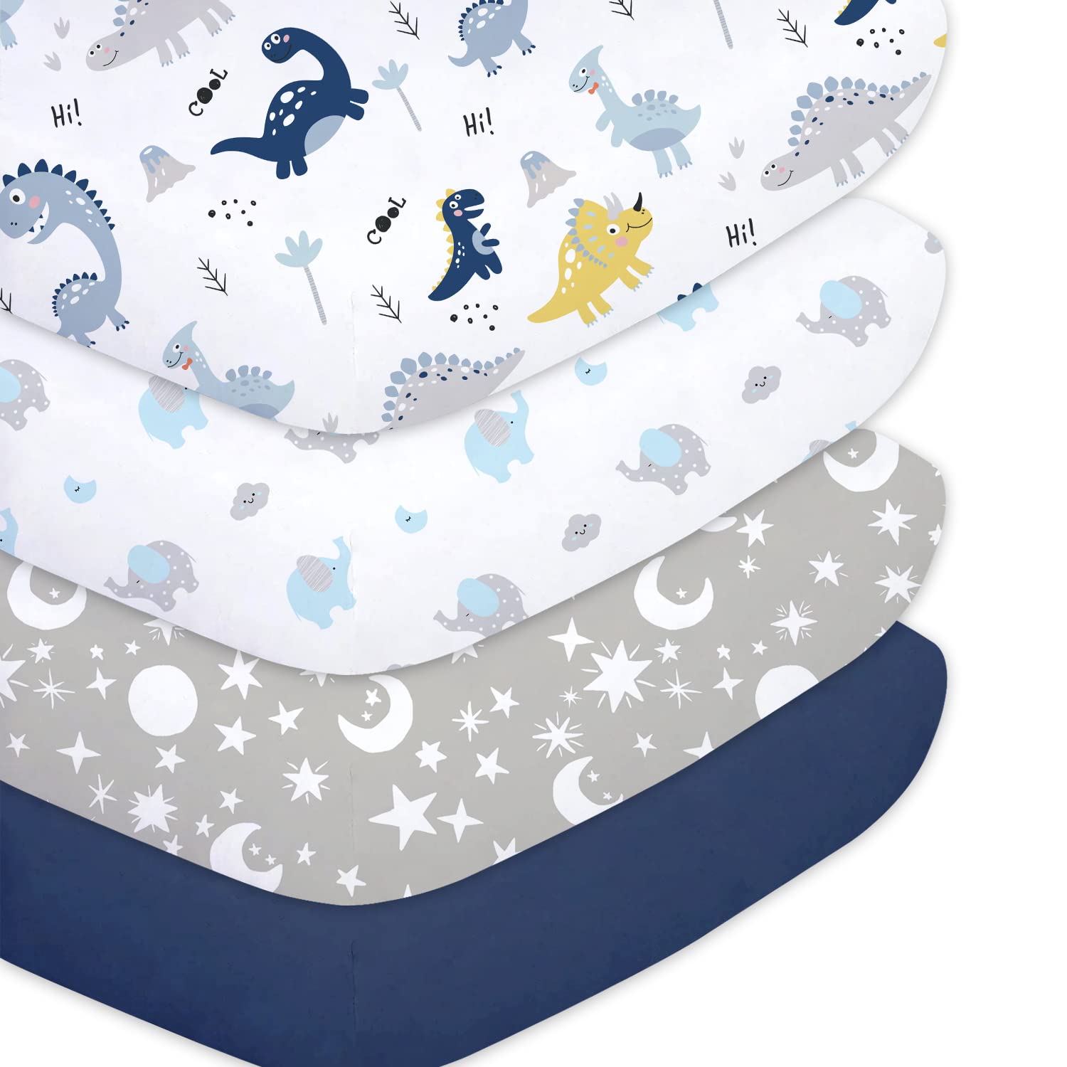 Plushii Spannbettlaken für Baby Jungen 4er-Pack, 71x132 cm extra weiches Mikrofaser-Kinderbettlaken-Set für Standard-Kinderbetten & Kleinkindmatratzenauflagen, Dinosaurier & Elefant & Sterne & Marineblau