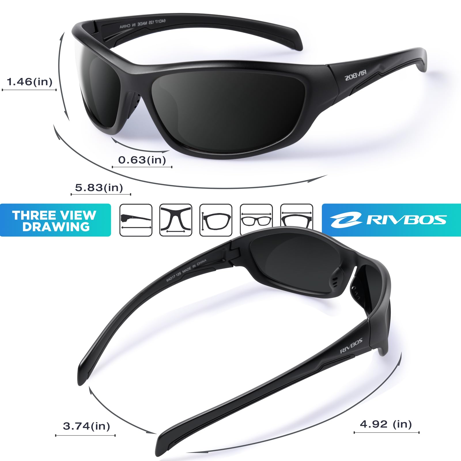 RIVBOS Polarized Sunglasses UV400 Protection for Men's and Women's Fishing, Cycling, and Outdoor Activities RB832-1 BlackGrey