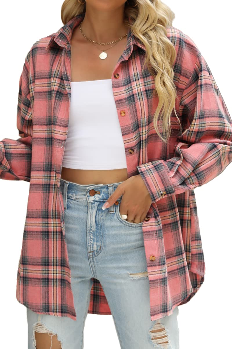 CHYRII Womens Button Down Flannel Shirts Long Sleeve Plaid Shacket Business Casual Blouse Topss Pink -7122 L