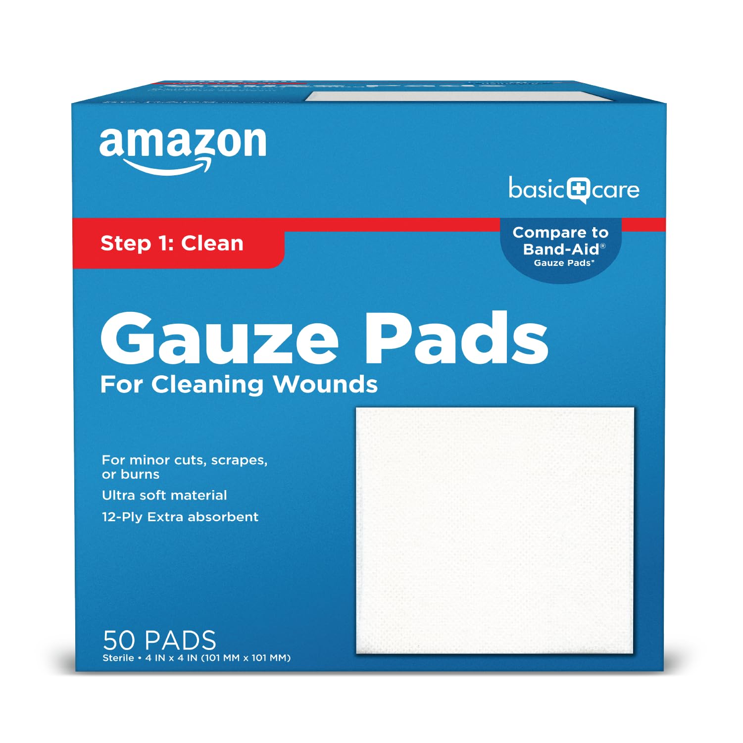 Basic Care Gauze Pads, 4x4 inches Sterile Medical Wound Dressing Sponges for Cleaning, Covering, & Cushioning Cuts & Minor Injuries, 50 Count (Pack of 1), (Previously All Health)