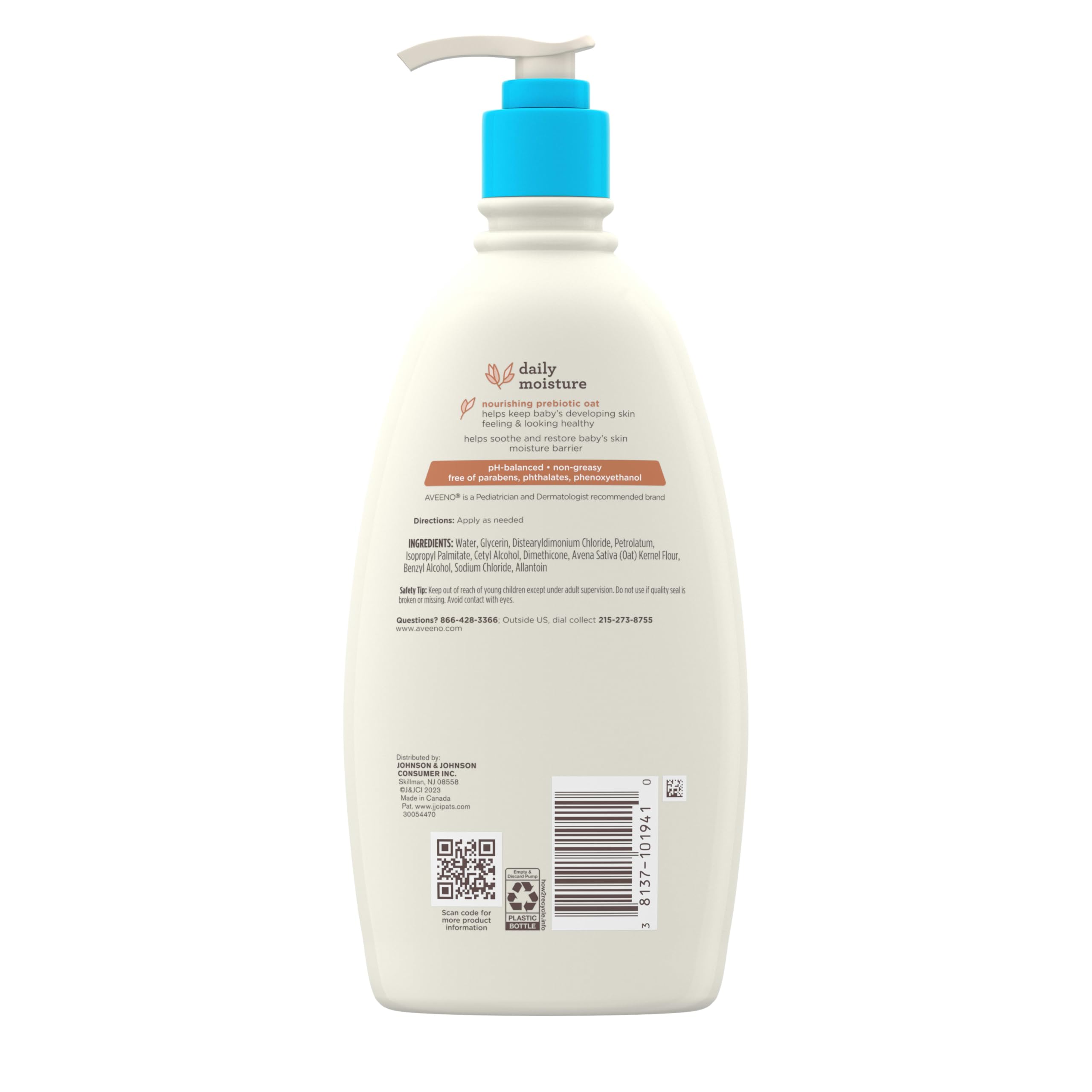 Aveeno Baby Daily Moisture Body Lotion for Sensitive Skin, Hypoallergenic Moisturizing Baby Lotion with Nourishing Oatmeal to Deeply Moisturize Baby's Skin, Fragrance-Free, 18 fl. oz