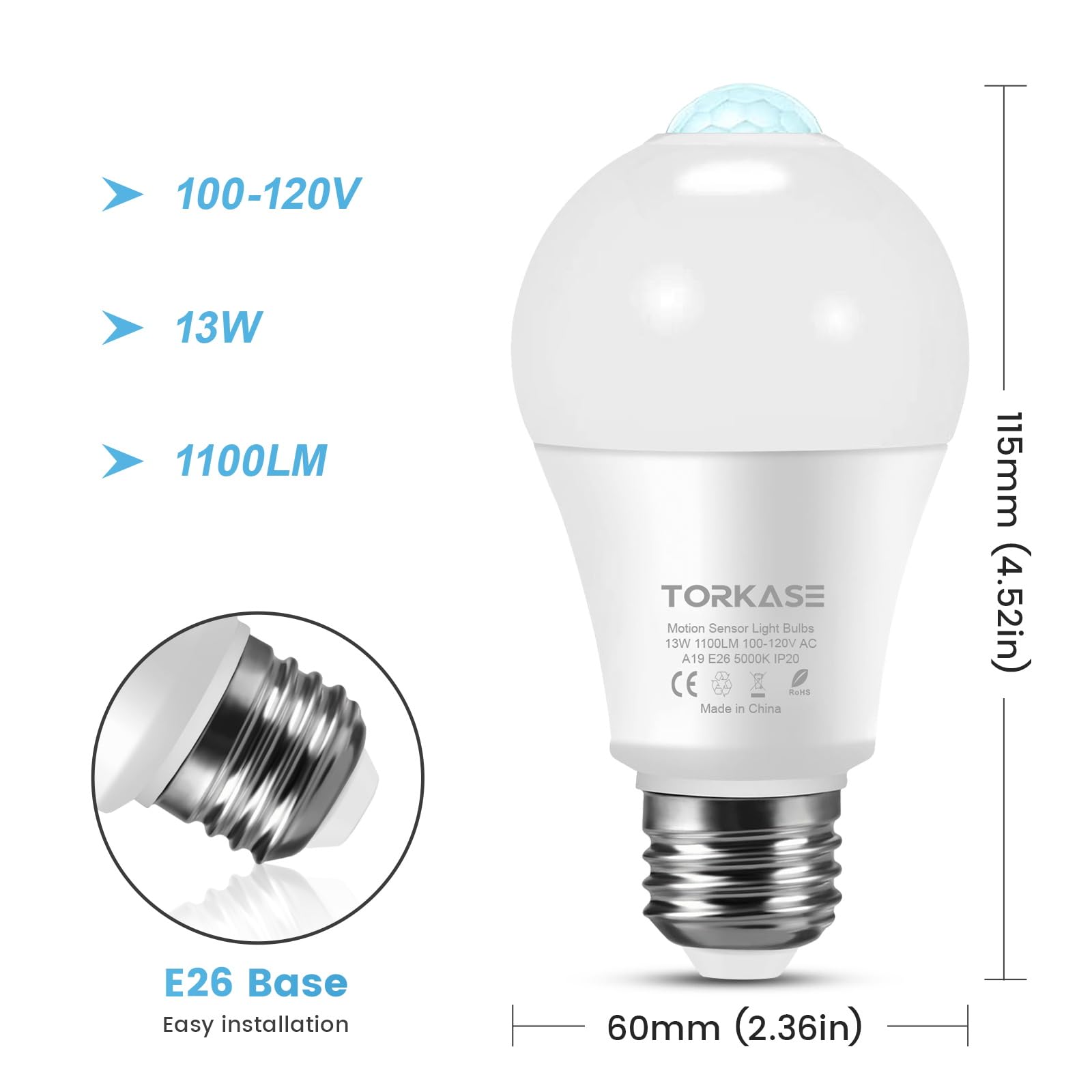 Motion Sensor Light Bulbs, 13W (100Watt Equivalent), Motion Activated Dusk to Dawn Security LED Bulb, 5000K Daylight, Energy-Efficient, for Indoor and Outdoor Lighting, Porch, Stairs, Hallway 2Pack
