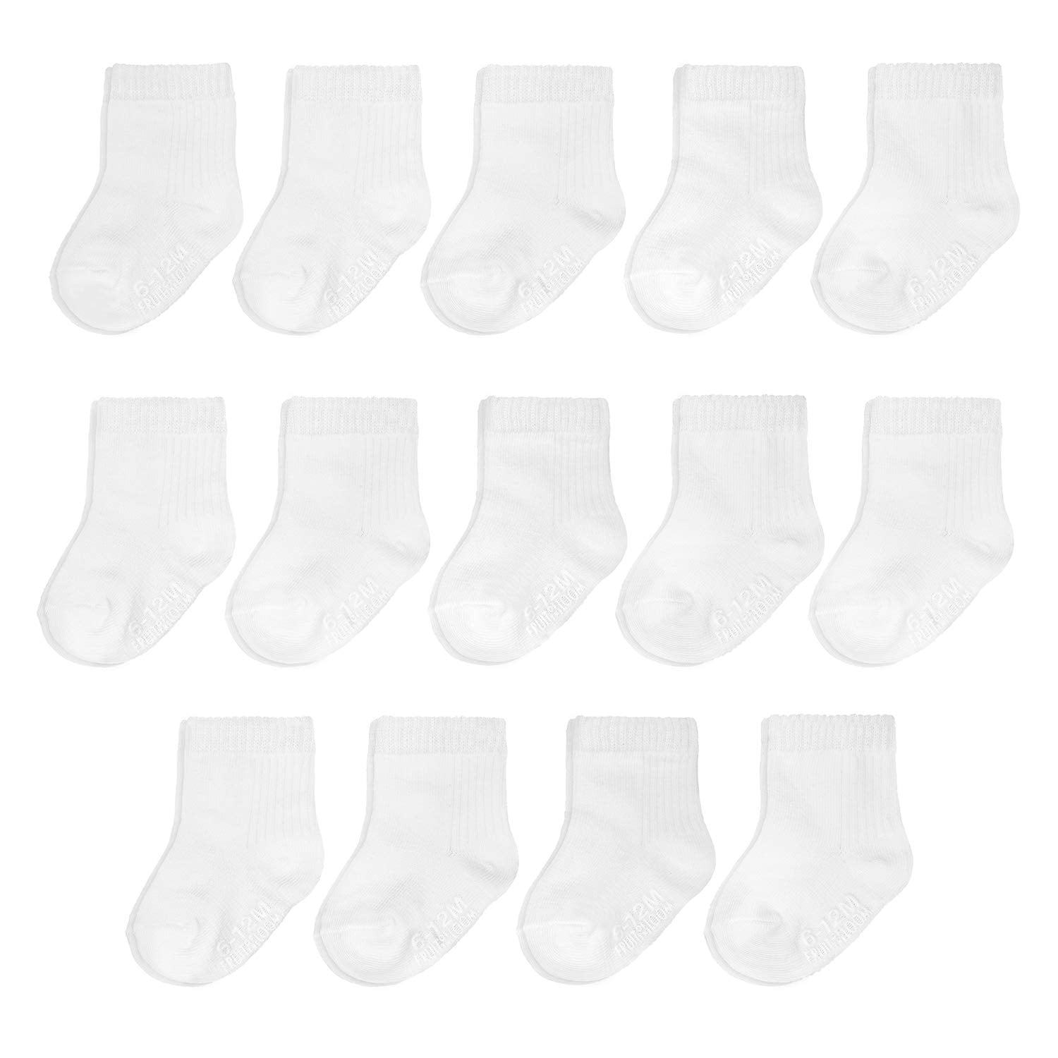 Fruit of the Loom Baby 14-Pack Grow & Fit Flex Zones Cotton Stretch Socks - Unisex, Girls, Boys (0-6 Months, White)