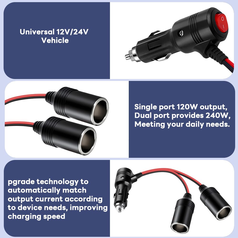 Car Cigarette Lighter Splitter, 12v Splitter Adapter for Car,Supports Fast Charging,1 to 2 Car Cigarette Lighter Splitter Power Charger Port, for 12/24 Volt Cars Vehicle,with on Off Switch
