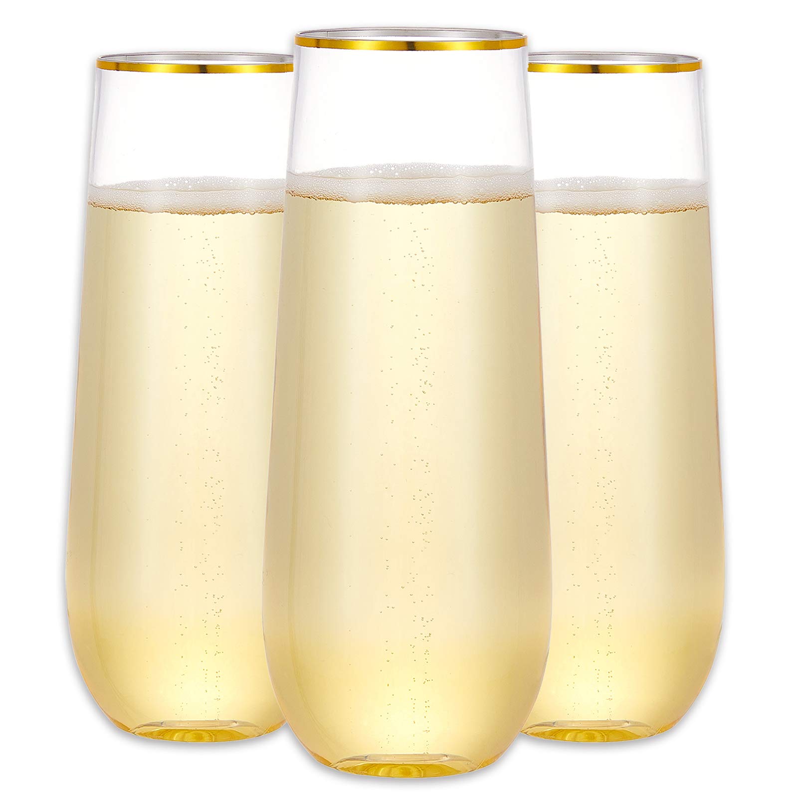 N9R 12PCS Plastic Champagne Flutes, 9 oz Stemless Disposable Gold Rim Toasting Glasses, Crystal Clear Cocktail Cups Drinkware Shatterproof Ideal for Party Wedding Birthday