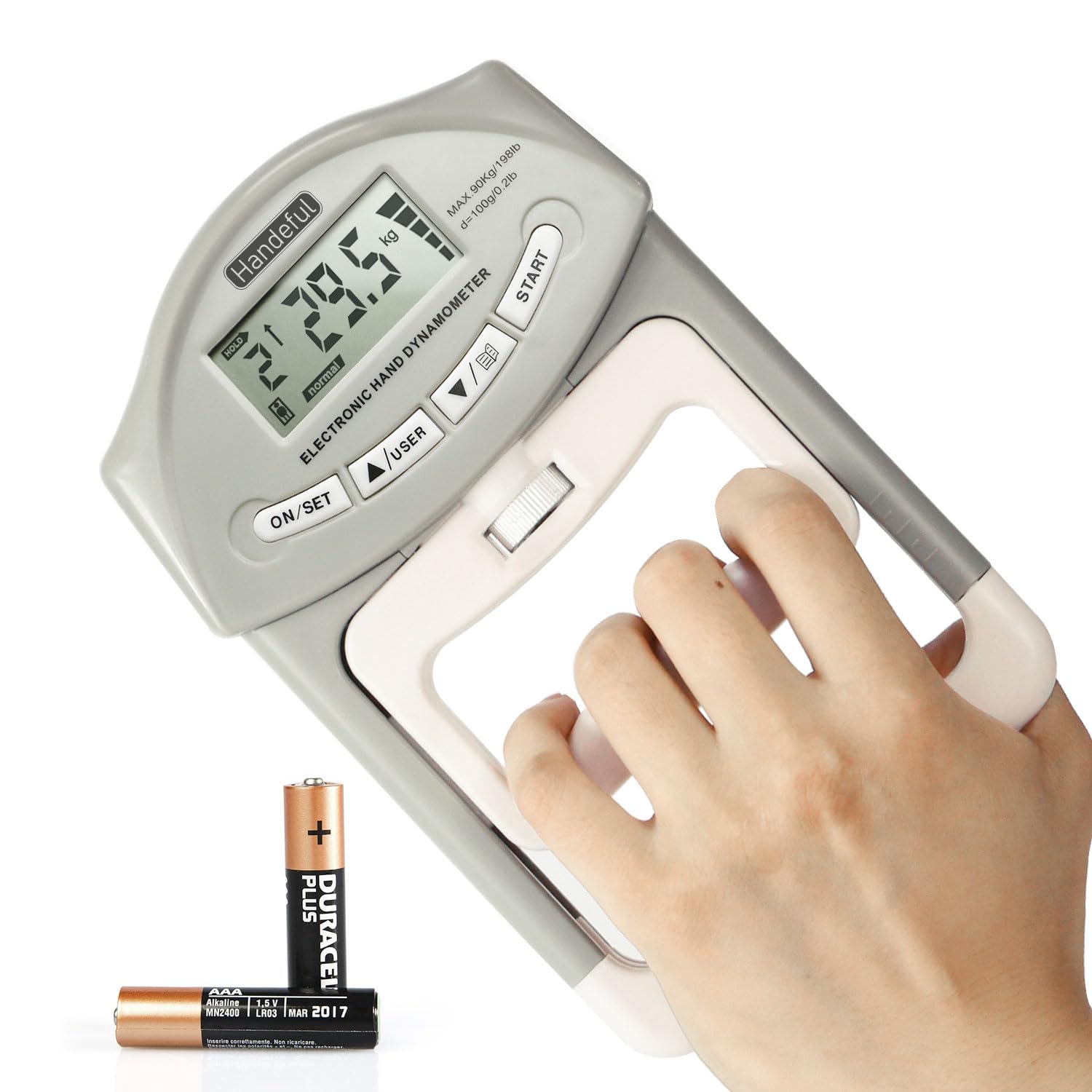 Handeful Grip Strength Tester - Dynamometer Handgrip Measurer Meter, Handheld Strengthener Exerciser for Sports, School, and Home Use (198Lbs / 90Kgs)
