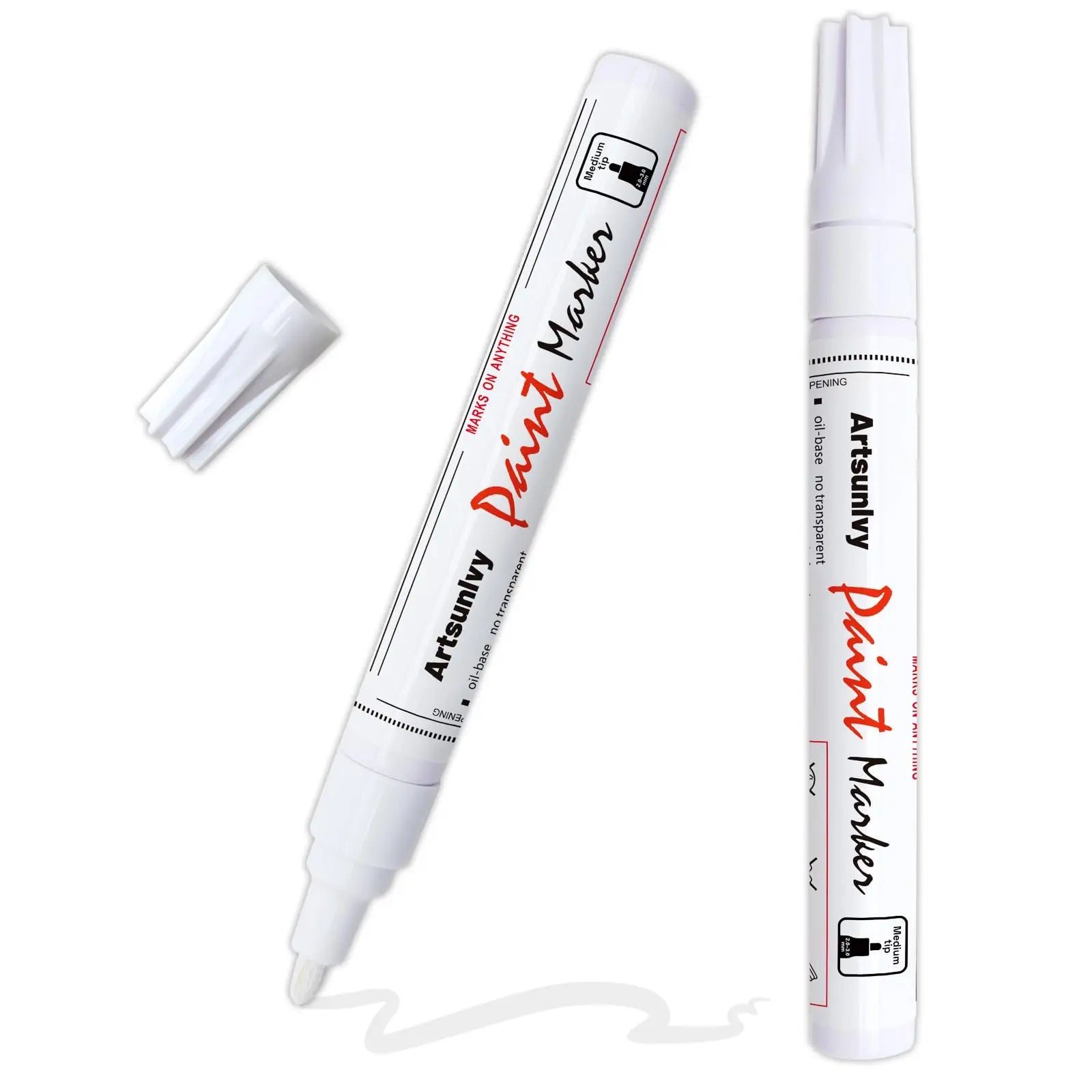 Artsunlvy White Paint Pens marking pens Permanent Markers - 2 Pack Oil Based Waterproof Markers for Tire, Rubber,Wood, Rocks, Metal, Canvas,Plastic, Dark Surface,Craft office Supplies,Medium Point