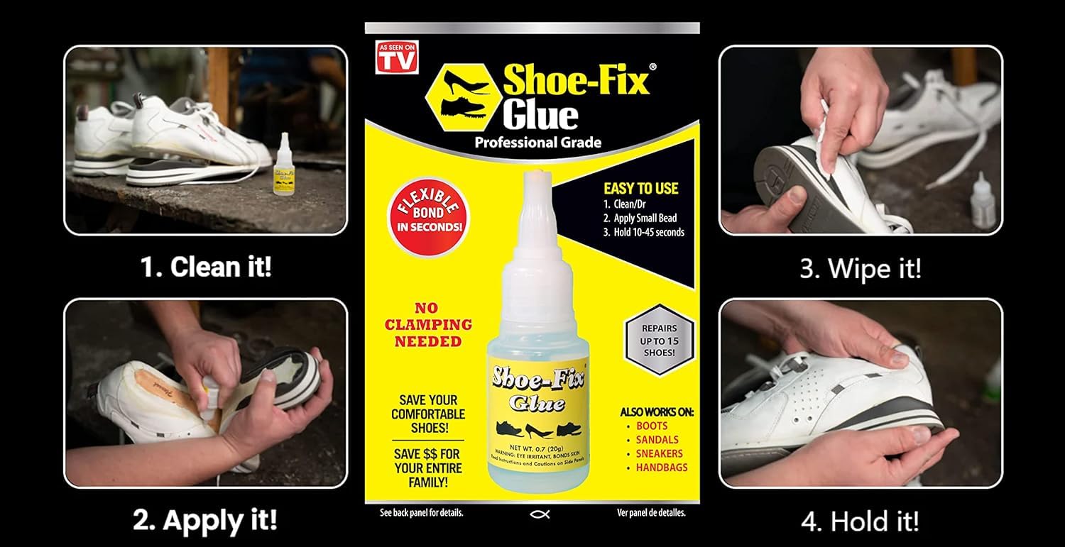 Shoe-Fix Glue Professional Grade Repair Adhesive for All Footwear Instant Bond, Clear Drying, Flexible, & Durable for Heels, Sandals, Boots, Athletic Shoes, & More (20g Tube)