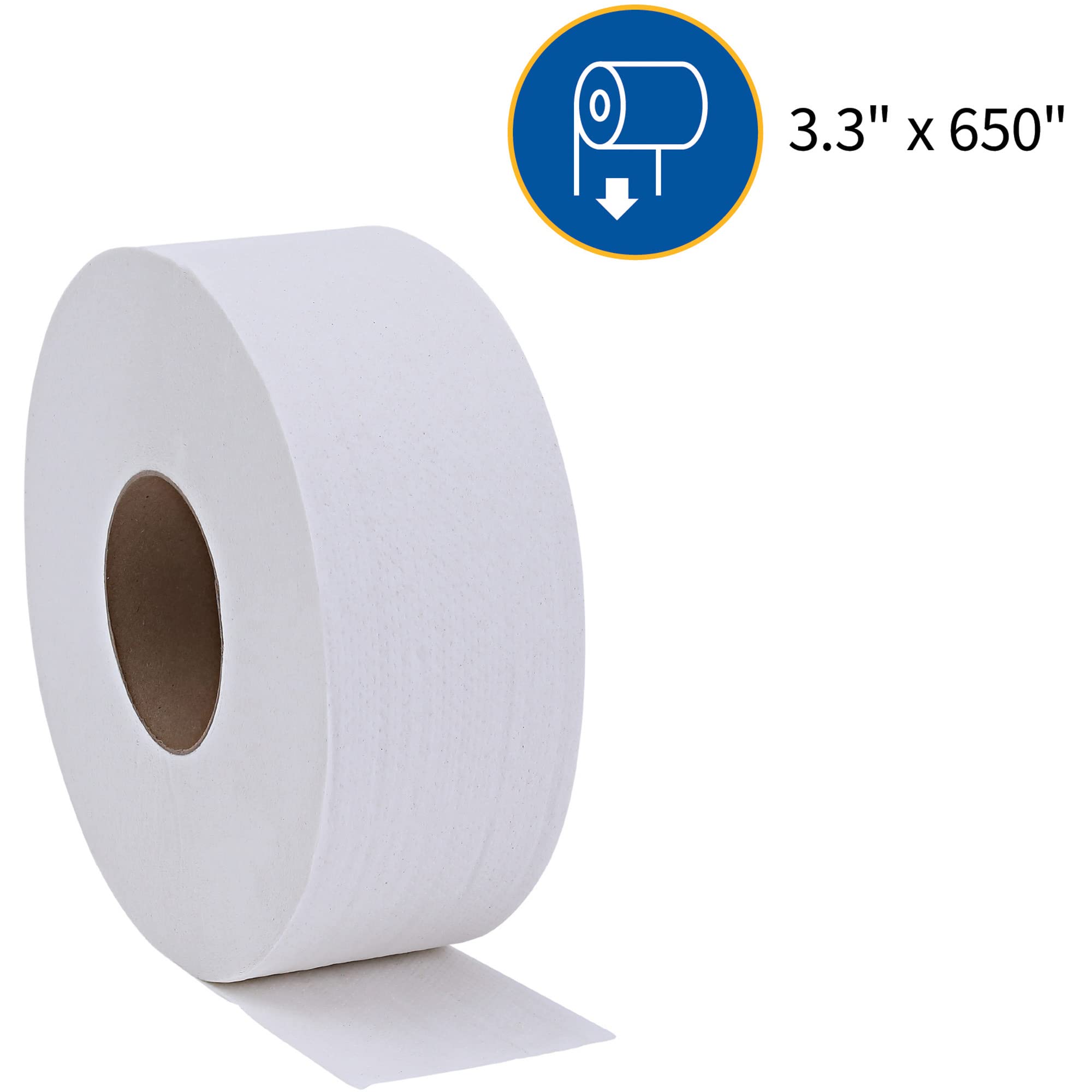 Genuine Joe Jumbo Roll Bath Tissue - 2-Ply White Toilet Paper, 3.3" x 650' per Roll, 12 Count Bulk Pack, Recycled Fiber, Commercial Grade for Dispensers