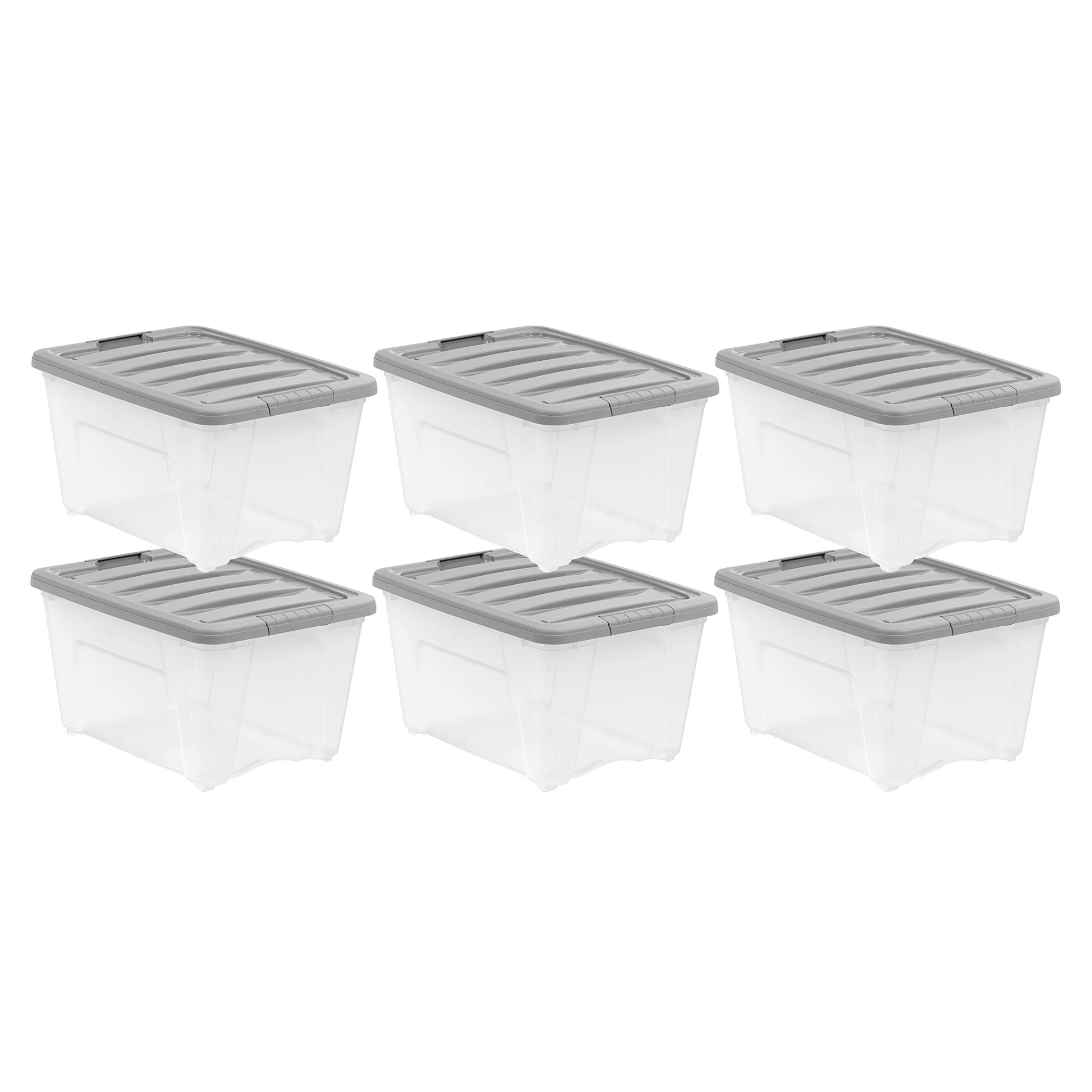 Amazon Basics Plastic Storage Containers with Secure Latching Lids, Stackable Organization Bins, 32 Quart, Set of 6, Clear/Grey