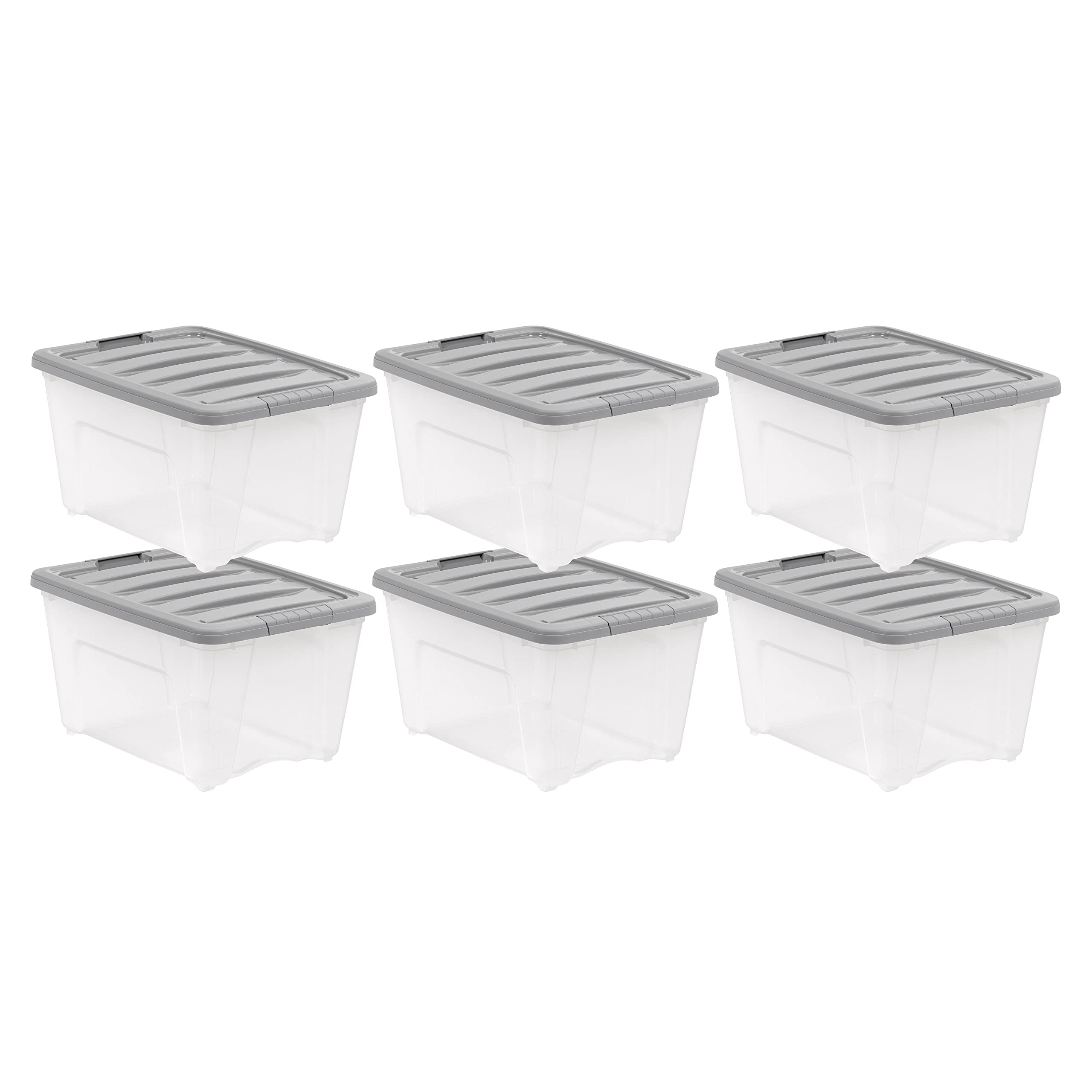 Basics Plastic Storage Containers with Secure Latching Lids, Stackable Organization Bins, 32 Quart, Set of 6, Clear/Grey