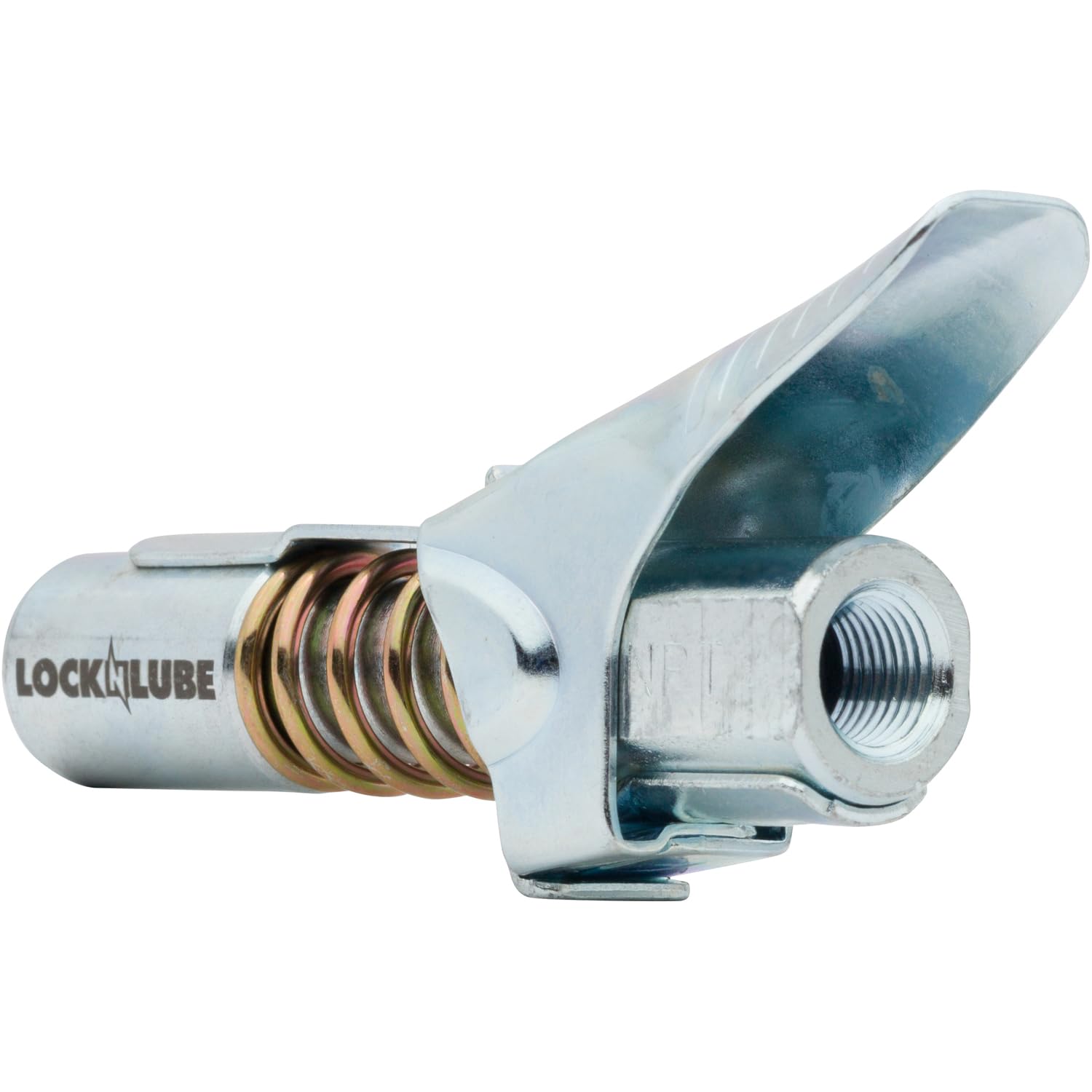 LockNLube Grease Gun Coupler locks onto Zerk fittings. Grease goes in, not on the machine. World's best-selling original locking grease coupler. Rated 10,000 PSI. Long-lasting rebuildable tool.
