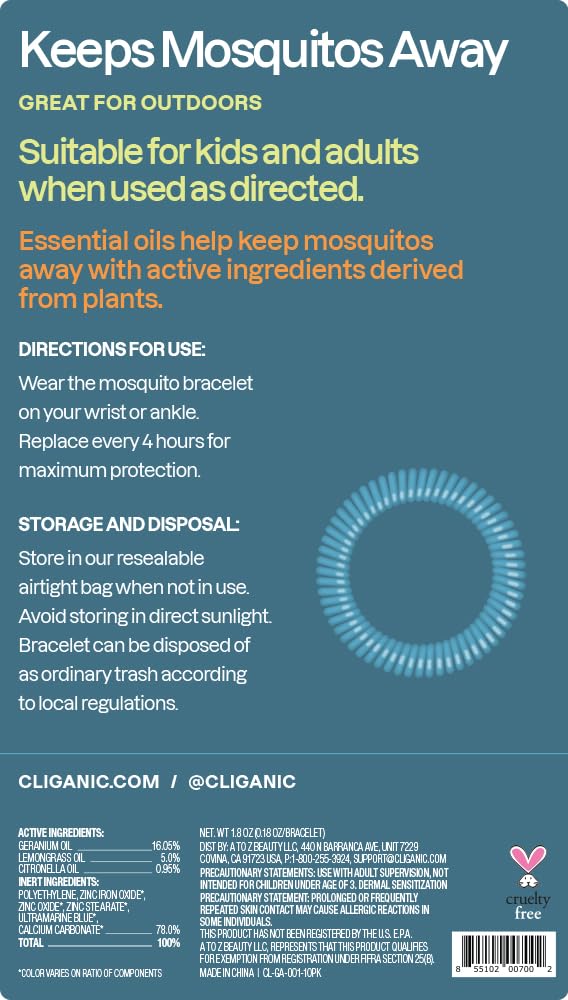Cliganic 10 Pack Mosquito Repellent Bracelets for Adults & Kids - Natural DEET-Free Bands, Individually Wrapped