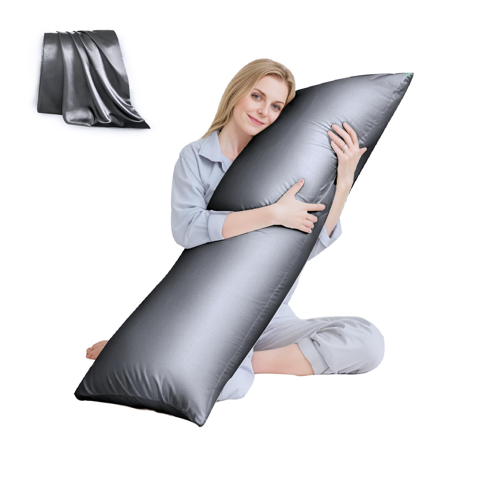 HUXMEYSON Seitenschläferkissen mit Satin-Kissenbezug, kühlendes Körperkissen für Erwachsene, abnehmbarer Bezug, Grau (50x137 cm)