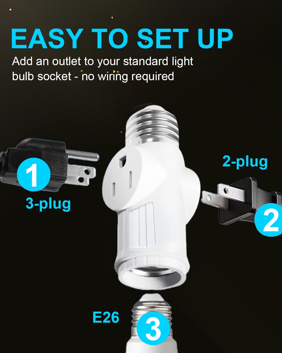 Light Socket Outlet Adapter, 3 Prong Light Socket Adapter, Polarized Light Bulb Outlet Socket, to Plug Adapter for Garage Porch (White, 2)
