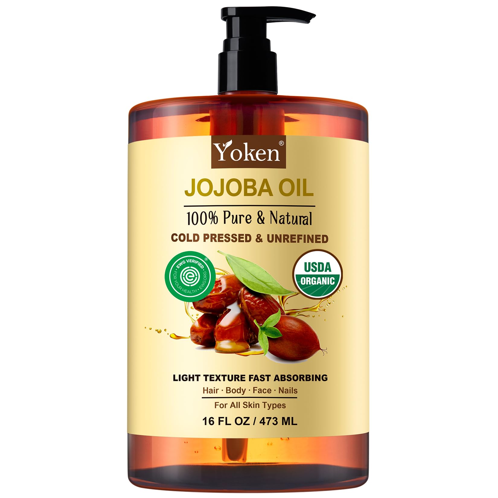 Yoken Pure Jojoba Oil Organic USDA Certified 16 fl oz, 100% Natural Jojoba Oil for Hair, Skin & Face, Cold Pressed Unrefined, Deeply Moisturizing Body Carrier Oils for Essential Oils Mixing