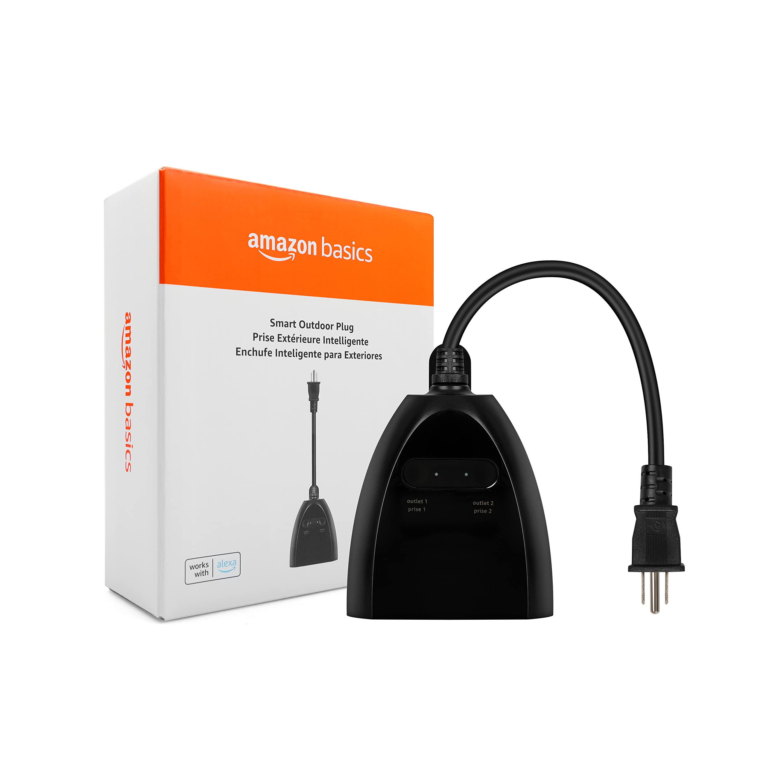Basics Outdoor Smart Plug with 2 Individually Controlled Outlets, Works with Alexa Only, 2.4 GHz Wi-Fi, No Hub Required, Black