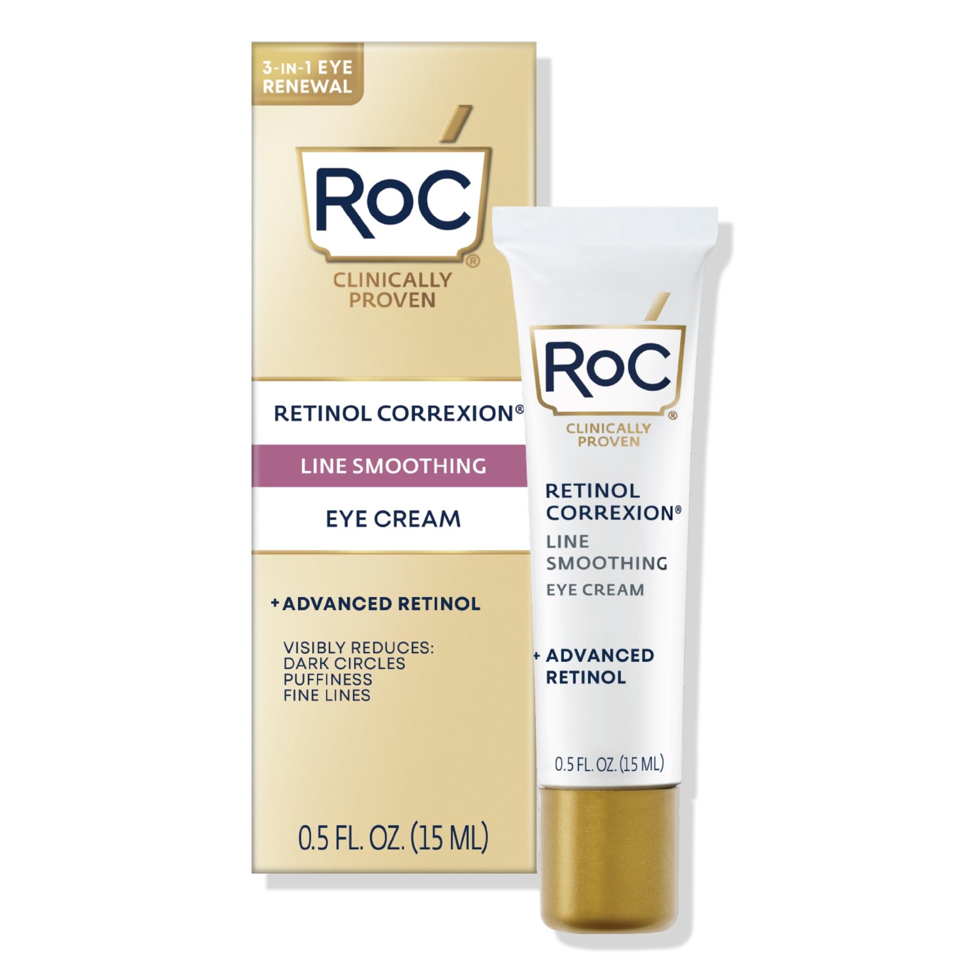 RoC Retinol Correxion Augencreme gegen Augenringe und Schwellungen, Tägliche Faltencreme, Anti-Aging-Hautpflege für Frauen und Männer, 15 ml (Verpackung kann variieren)