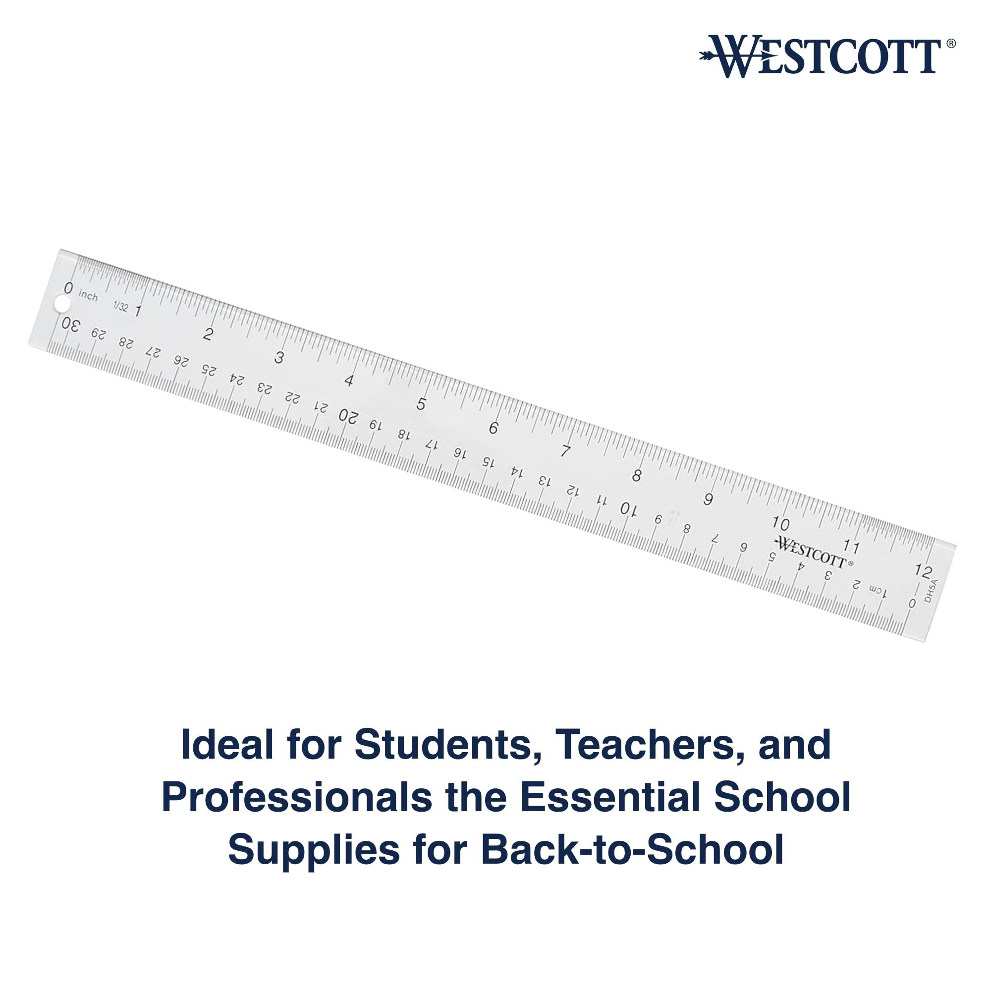 Westcott Acrylic Clear Ruler, Easy-to-Read Markings, Scratch-Resistant Design, Raised Beveled Edges, for Crafting, Office, Classroom, Back to School, School Supplies, 12-Inch