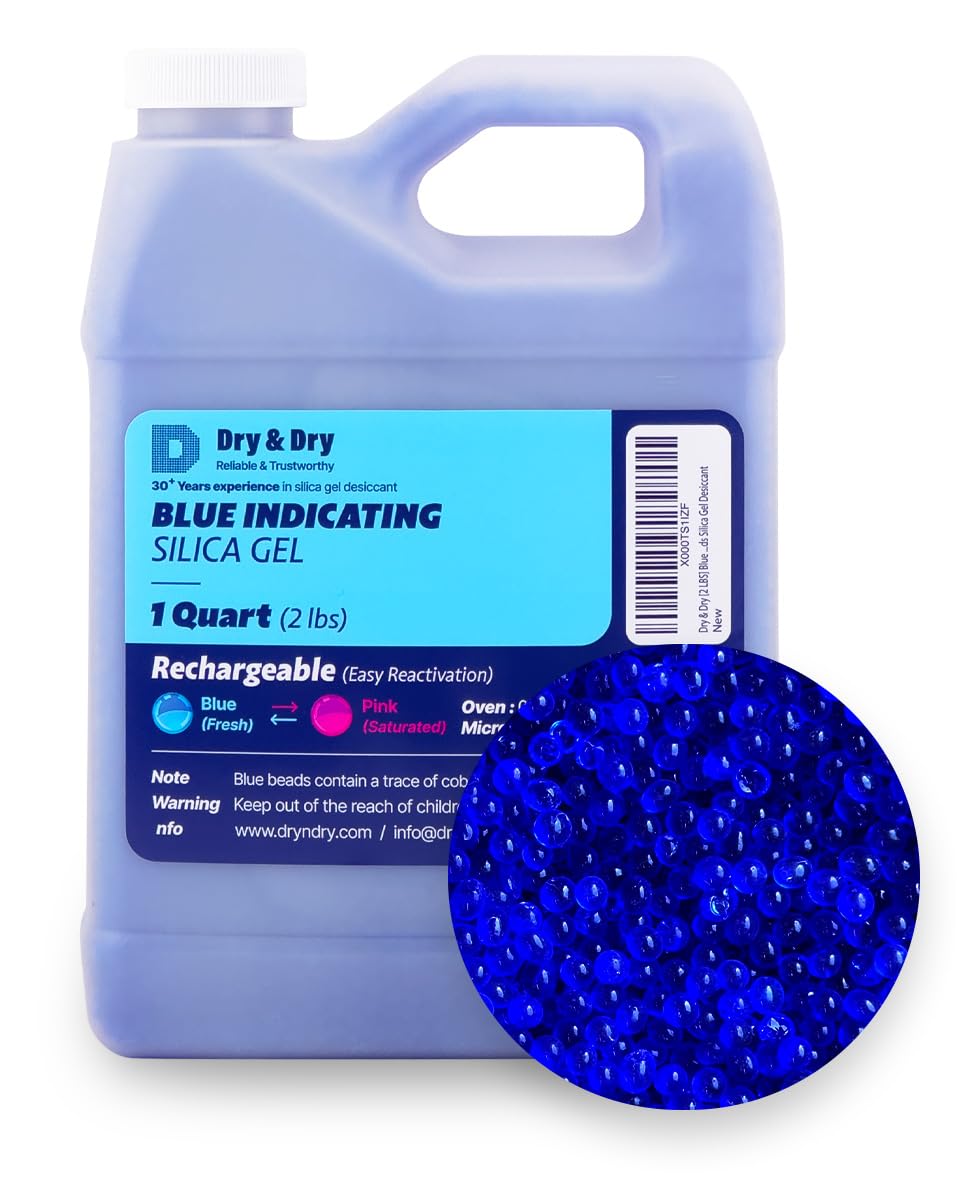 خرز جل السيليكا المجفف الأزرق من Dry & Dry (المعيار الصناعي 3-5 مم) - خرز مجفف قابل لإعادة الاستخدام من جل السيليكا (من الأزرق إلى الوردي) - 2 رطل