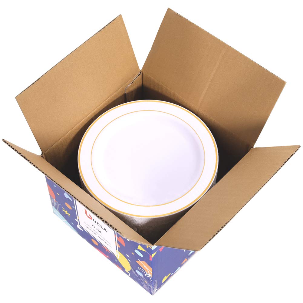 bUCLA 100Pieces Gold Plastic Plates - 6.25inch White with Gold Rim Disposable Salad/Dessert/Appetizer/Small Cake Plates Premium Hard - Ideal for Wedding & Party