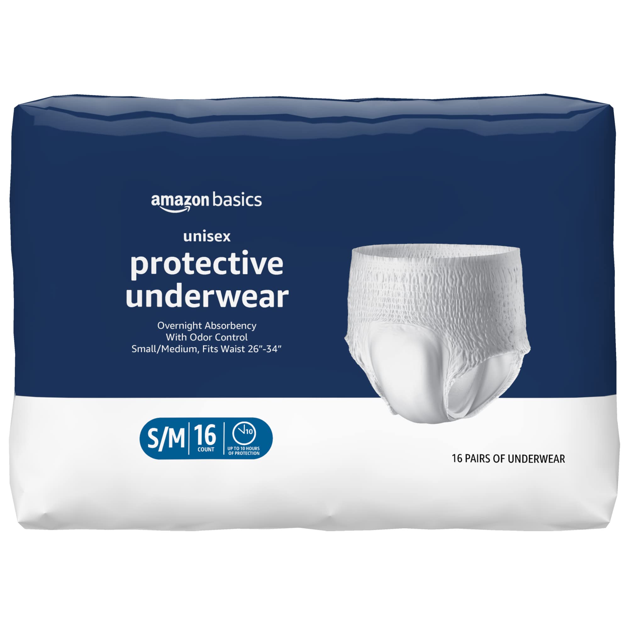 Basics Unisex Protective Underwear, Overnight Absorbency, Small/Medium, 16 Count, (1 Pack of 16)