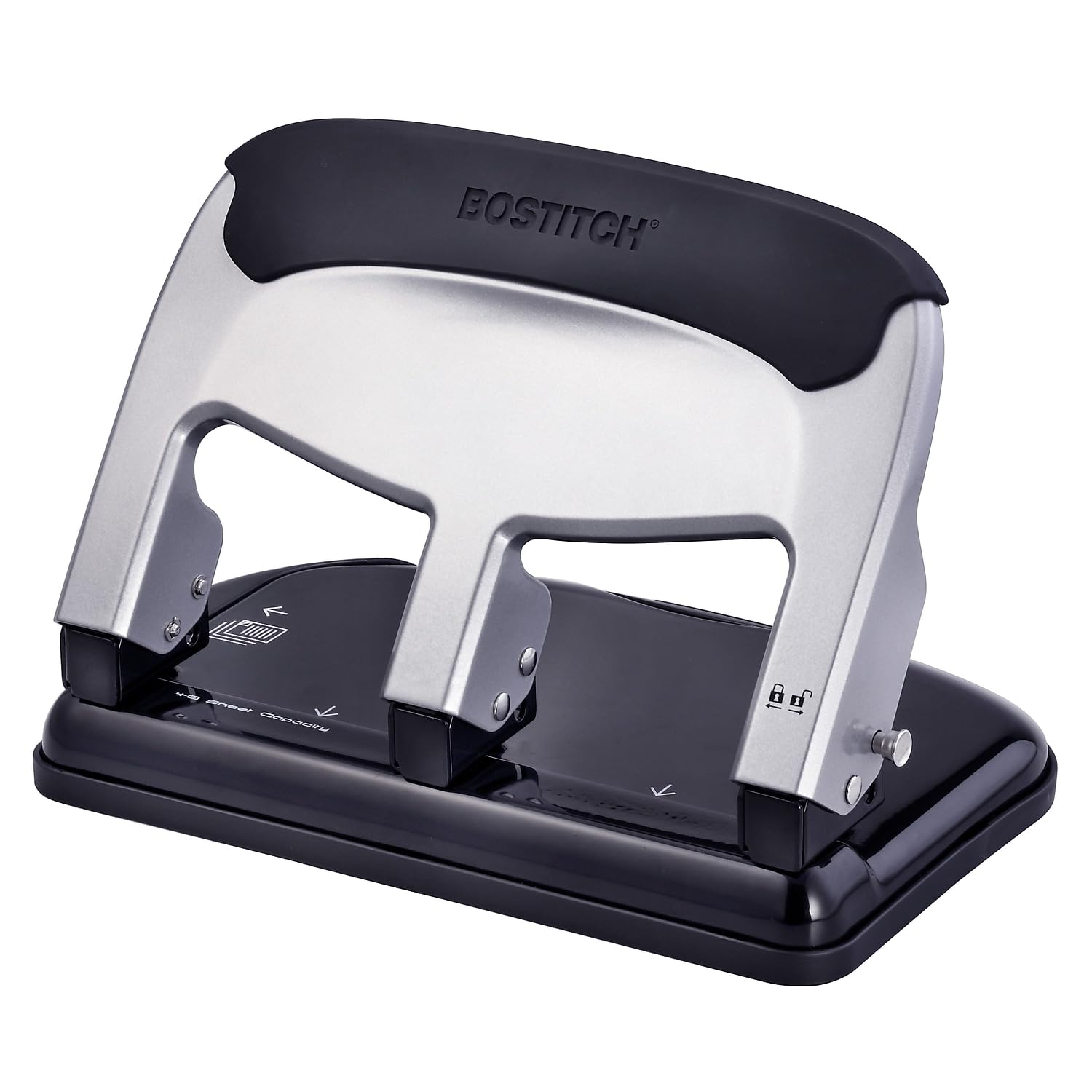 Bostitch Office EZ Squeeze Heavy Duty 3 Hole Punch, 40-Sheet Capacity, Use Less Force, Perfect for Home Office School Supplies, Sleek Design, Silver