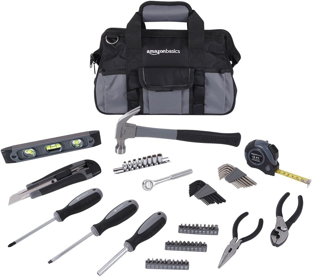 Basics 65 Piece Home Basic Repair Tool Kit Set With Bag, Silver, Black