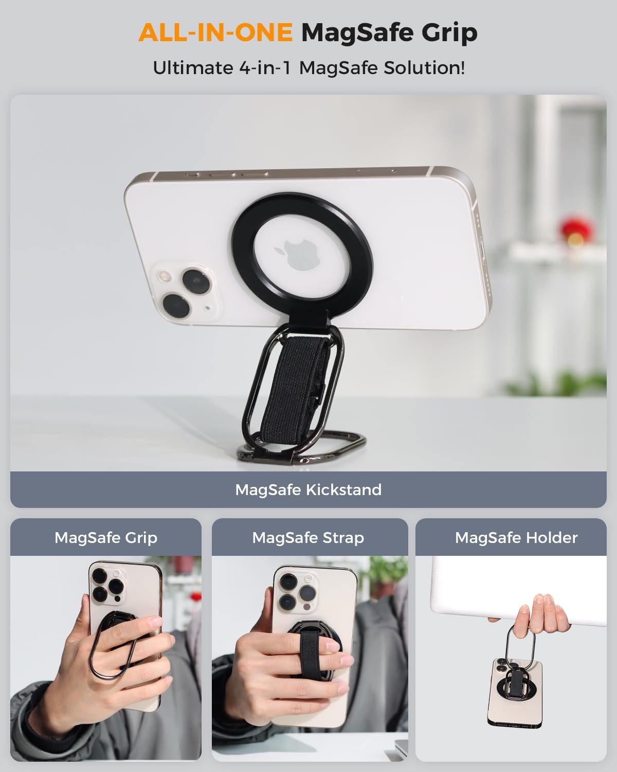 [2025 Newest] SUPERONE for MagSafe Phone Grip for MagSafe Kickstand Compatible with Mag Safe Finger Loop, 4-in-1 Phone Ring Holder Strap for Mag Safe iPhone 17/16/15/14/13/12 Series