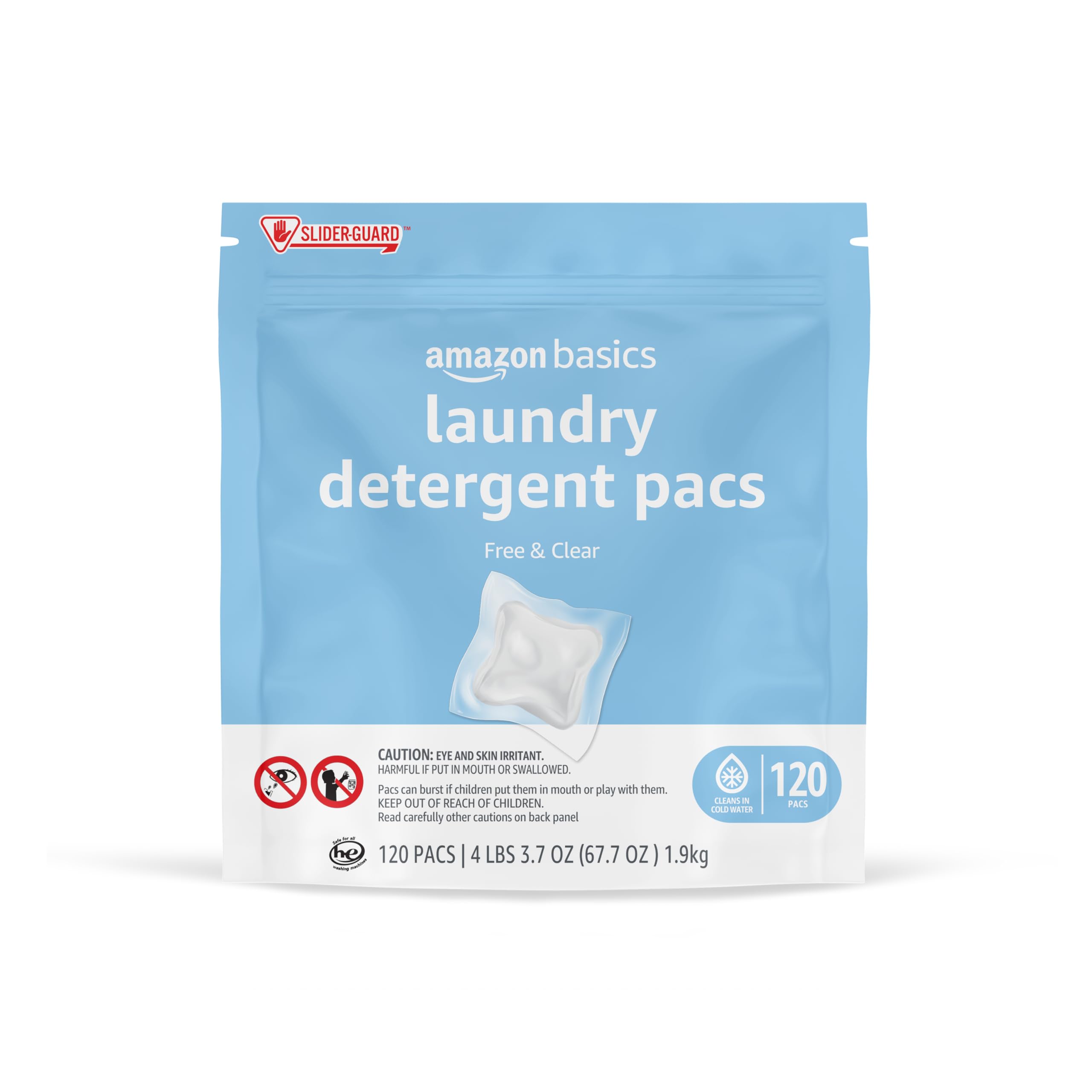 Basics Laundry Detergent Pacs, Hypoallergenic, Free & Clear, 120 Count (New Packaging)