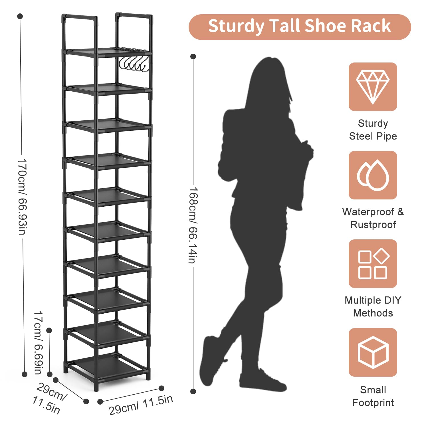 LANTEFUL Tall Narrow Shoe Rack for Entryway, 10-Tier Sturdy Metal Shoe Shelf Storage 10-15 Pairs of Shoes and Boots, Space Saving Corner Shoe Rack Organizer for Closet,Doorway,Garage,Living Room