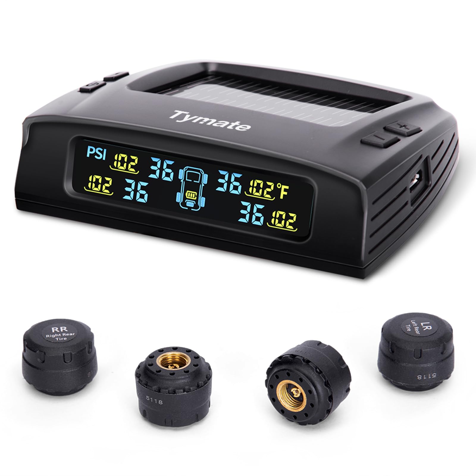 نظام مراقبة ضغط الإطارات Tymate TM2 RV، جهاز مراقبة ضغط الإطارات مع شحن شمسي، نظام TPMS مع 4 مستشعرات (بحد أقصى 10) و6 أوضاع تنبيه، تحديث جديد مع شاشة LCD ملونة، 0-87PSI للمركبات الترفيهية/المقطورات/الشاحنات/سيارات الدفع الرباعي