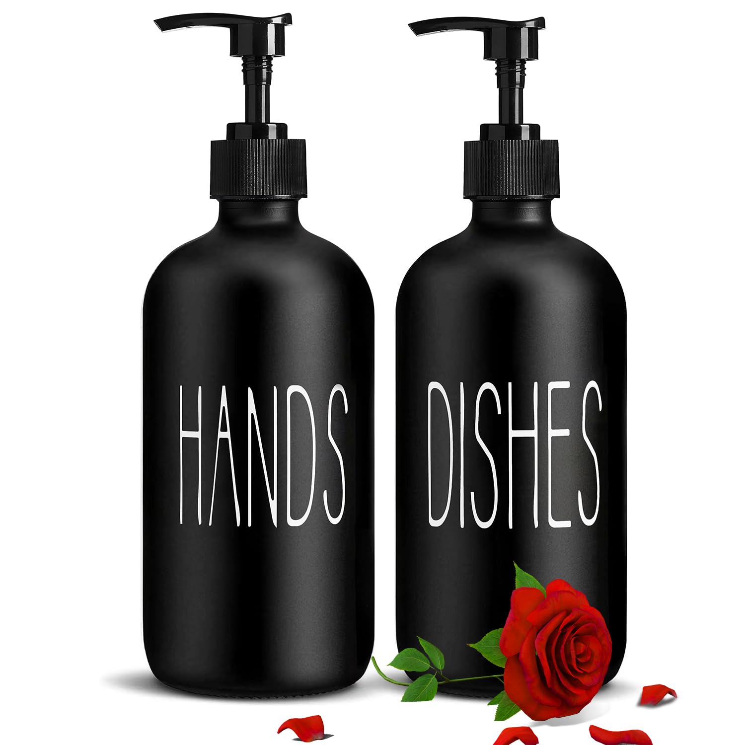 COHOSEGE Glass Soap Dispenser Set 2 Pack,Contains Hand and Dish Soap Dispenser.Premium 16 Oz Black Kitchen Soap Dispenser Set for Kitchen Sink and Farmhouse Decor