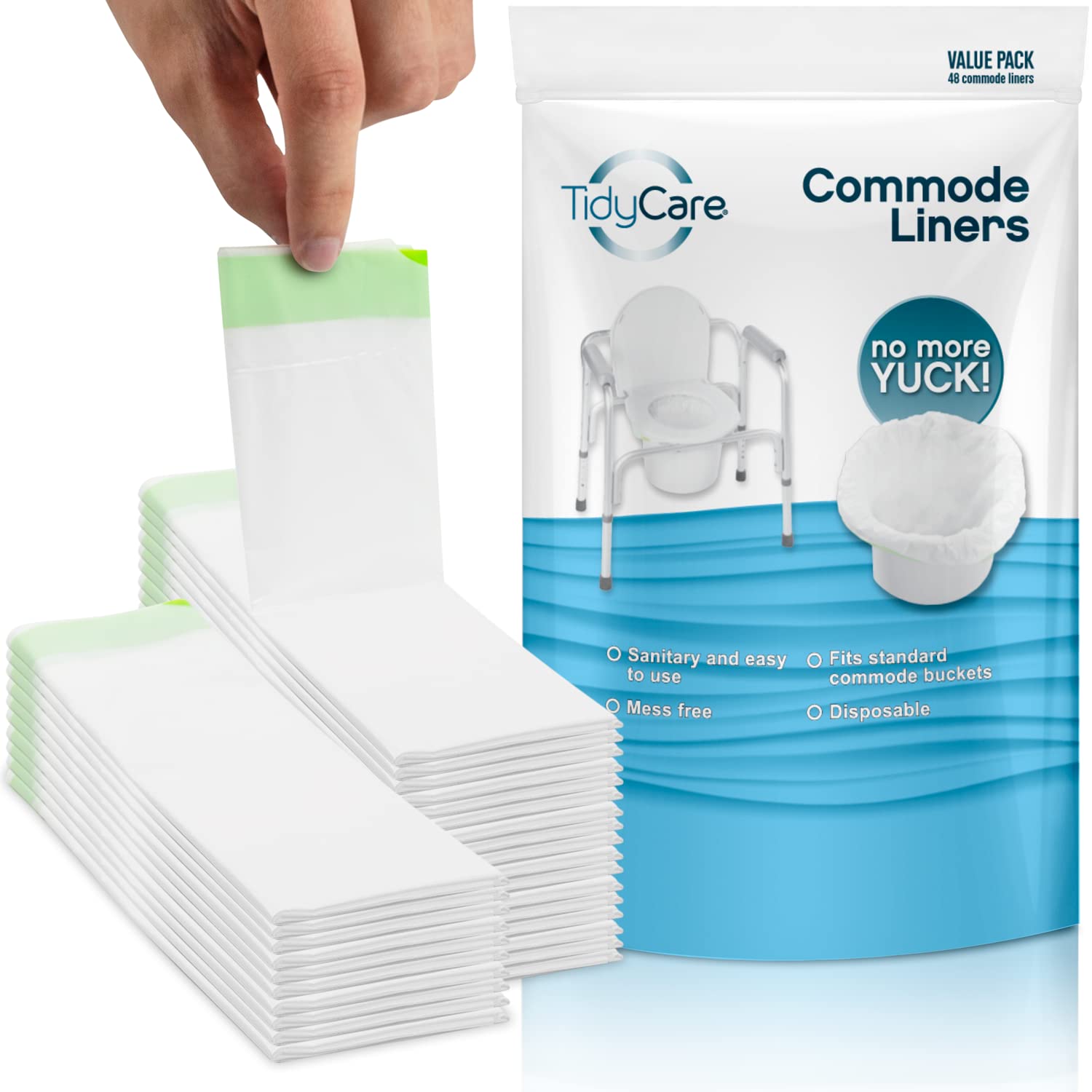 TidyCare Disposable Bedside Commode Liners for Adult Portable Toilet Chair Seat Bucket and Bedpan | Value Pack of 48 Waste Bags | Universal Fit Liners for Home Medical Care