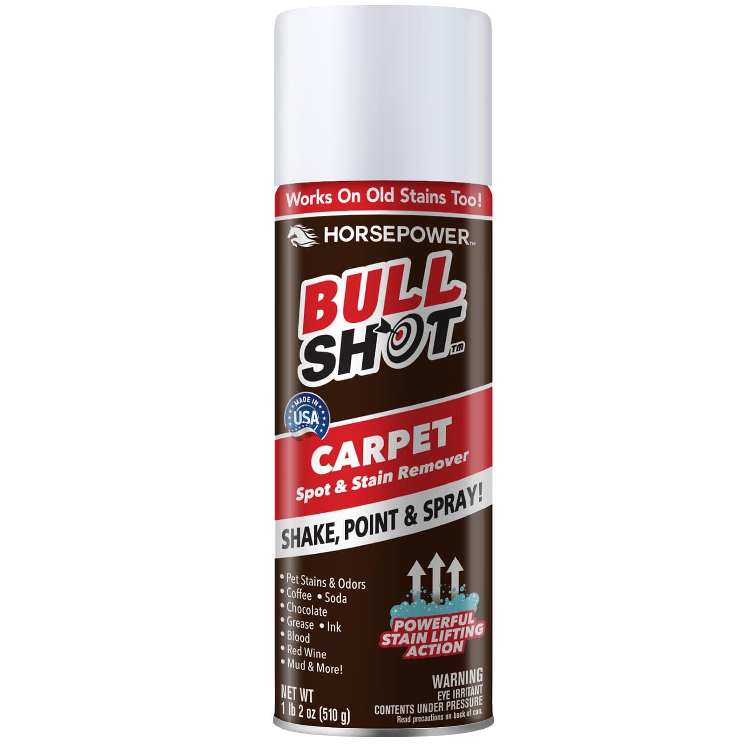 Bull Shot Carpet Spot & Stain Remover by Horsepower, AS-SEEN-ON-TV, Made In USA, Just Point & Spray, Stain-Lifting Foam-Action, Pet Stains & Odors, Coffee, Soda, Wine, Grease, New & Old Stains & More