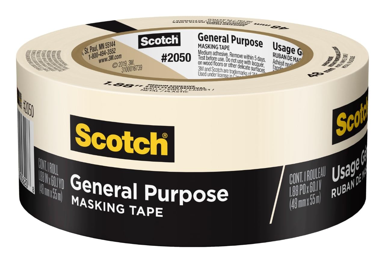 Scotch Allzweck-Kreppklebeband, 48 mm x 55 m, Beige, Haftet bis zu 5 Tage, Rückstandsfrei entfernbar, Leicht reißbares Klebeband (2050-48MP)