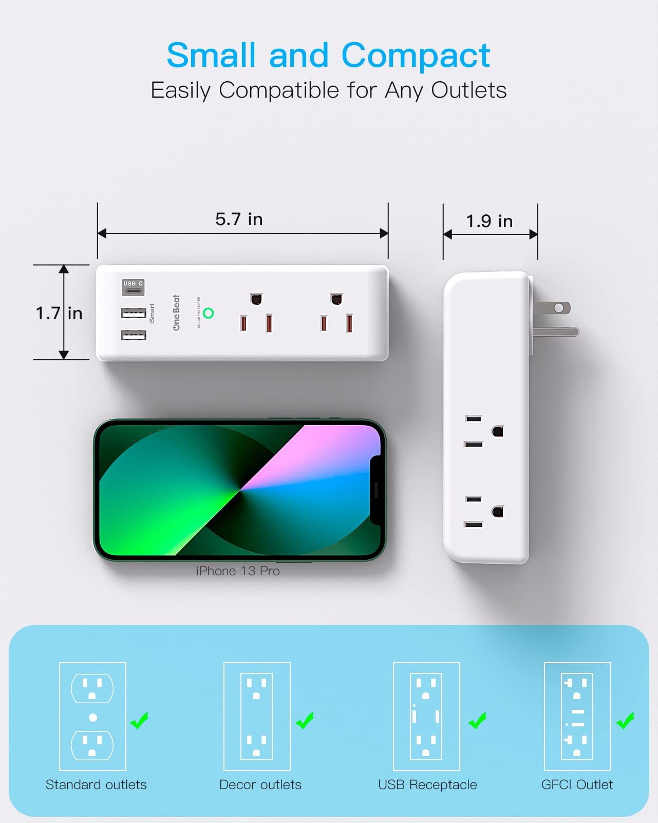 Surge Protector Outlet Extender with Rotating Plug - One Beat 6 AC Multi Plug Outlet with 3 USB Ports (1 USB C), 1800J Wall Charger, 3-Sided Power Strip Spaced Outlet Splitter for Home Office Travel